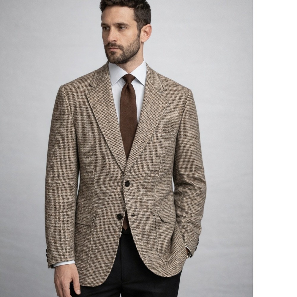 Harris Tweed Scottish Blazer Brown Tan‎ Pure Wool Houndstooth Sport Coat 42 Reg